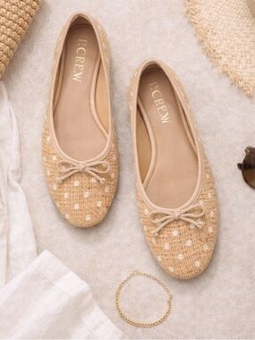 J.Crew Raffia Ballet Flats Tan Polka Dot Bow Flats Summer Casual Preppy Size 8.5